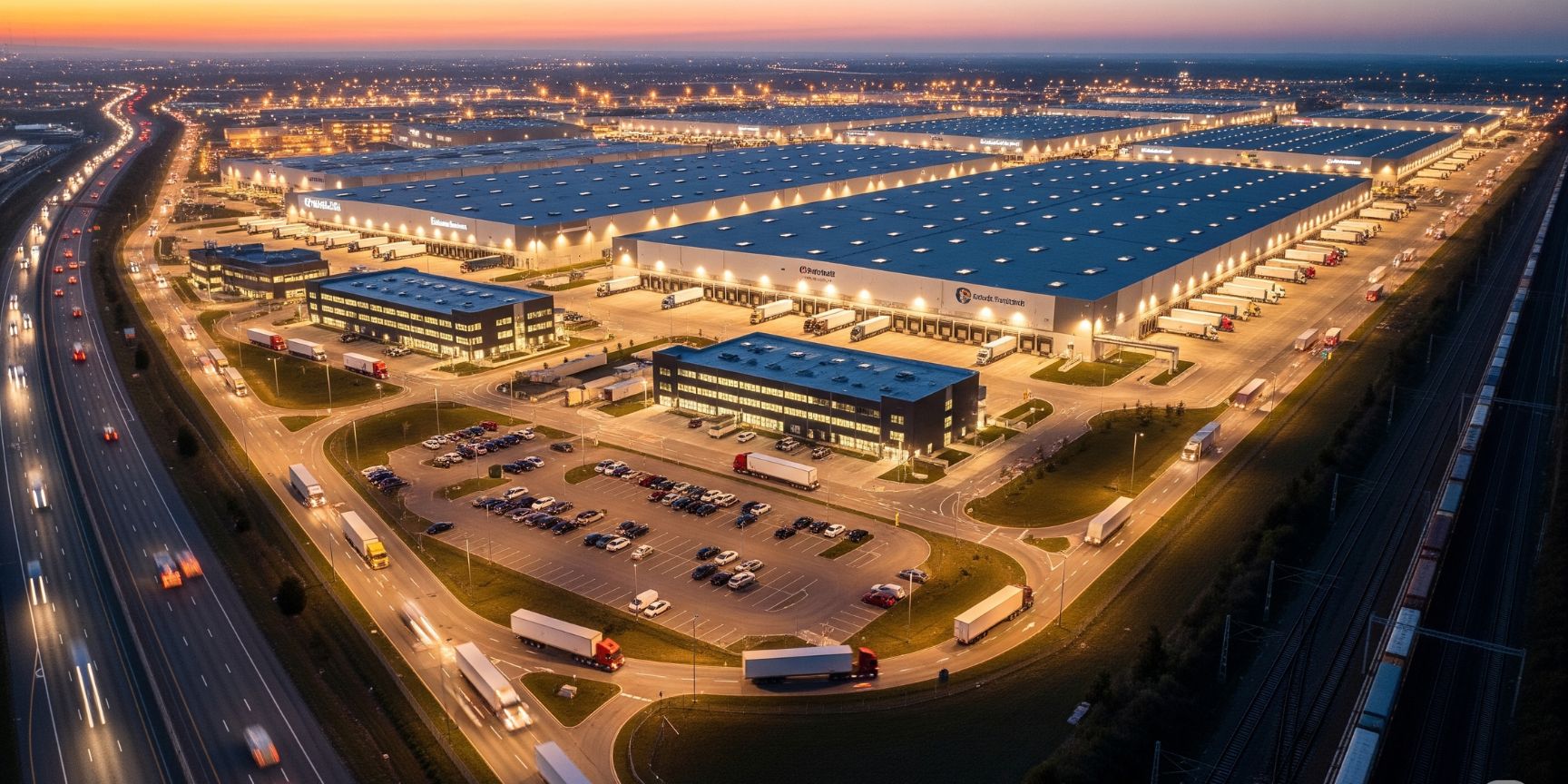 Luftaufnahme eines belebten Logistik-Hubs in der Dämmerung, die die Bedeutung von Standort und Infrastruktur für den Yield einer Logistikimmobilie verdeutlicht.